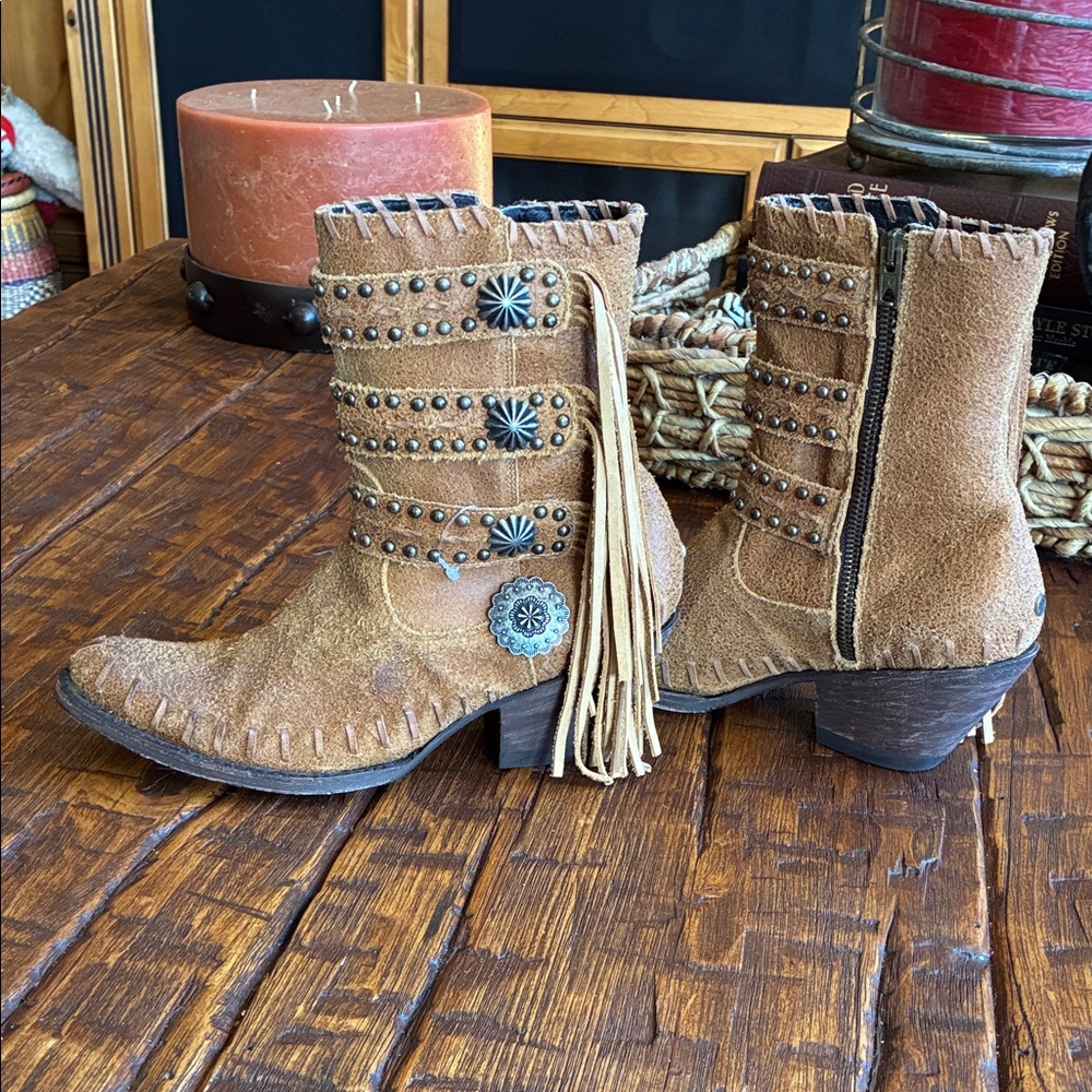 Fringed Suede Ankle Boots with Studs